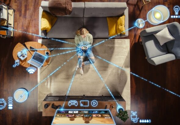 Top,View,Of,Caucasian,Woman,In,The,Loft,Apartment,Sitting